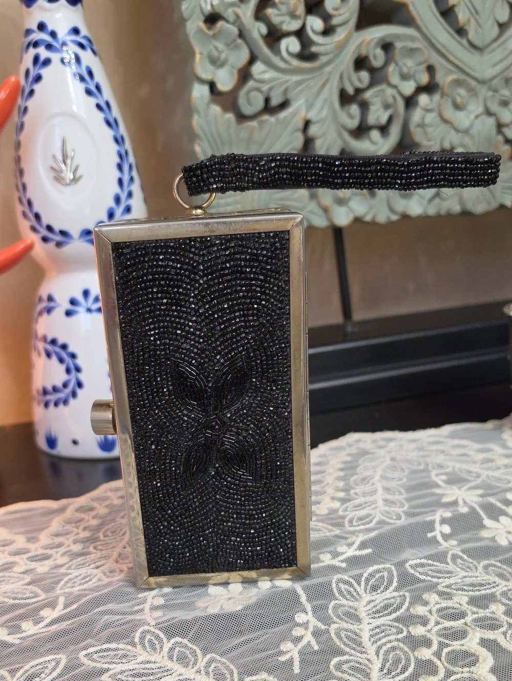 Vtg 1960 Tyrolean Black Beaded Wristlet Clutch with Gold Frame